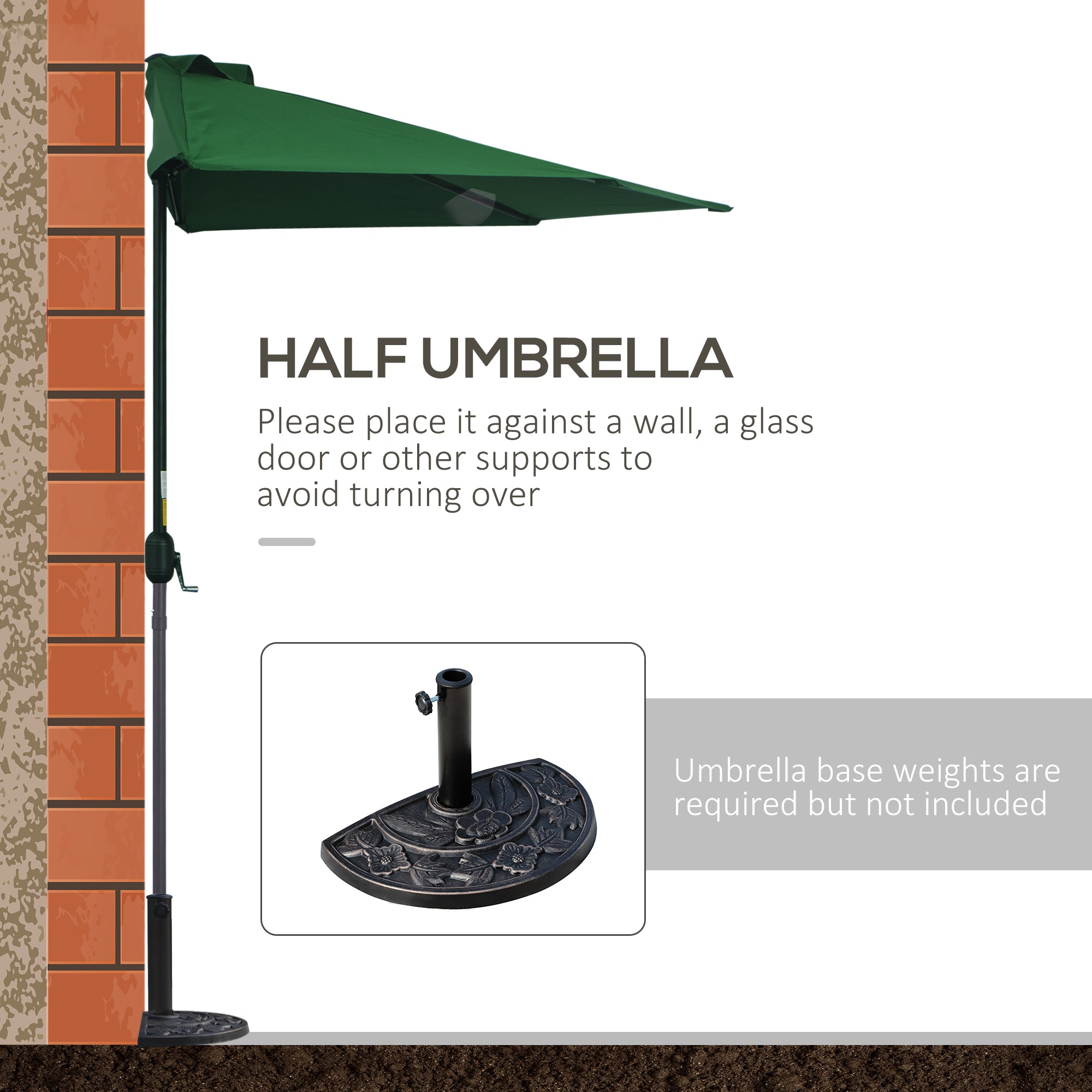 Outsunny 3(m) Half Parasol, Semi Round Umbrella with Metal Frame, Crank Handle for Balcony, Garden, Green