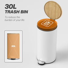 HOMCOM Kitchen Bin, 30 Litre Pedal Rubbish Bin with Removable Bucket, White and Natural