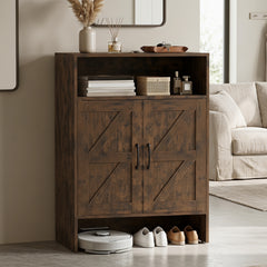 Shoe Cabinet with 2 Barn Doors and Adjustable Shelves for Entryway-Brown