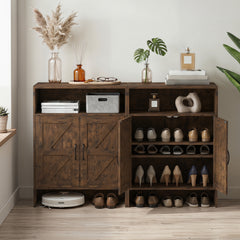 Shoe Cabinet with 2 Barn Doors and Adjustable Shelves for Entryway-Brown