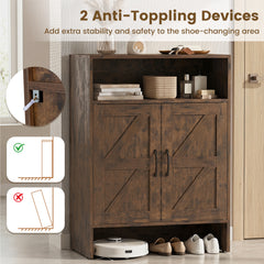 Shoe Cabinet with 2 Barn Doors and Adjustable Shelves for Entryway-Brown