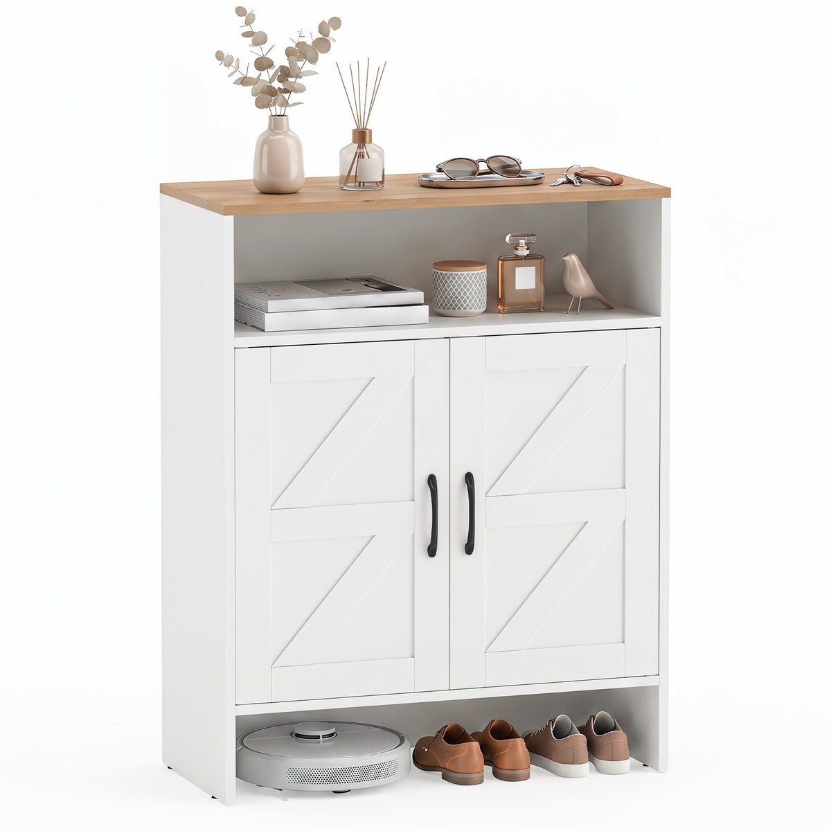 Shoe Cabinet with 2 Barn Doors and Adjustable Shelves for Entryway-White