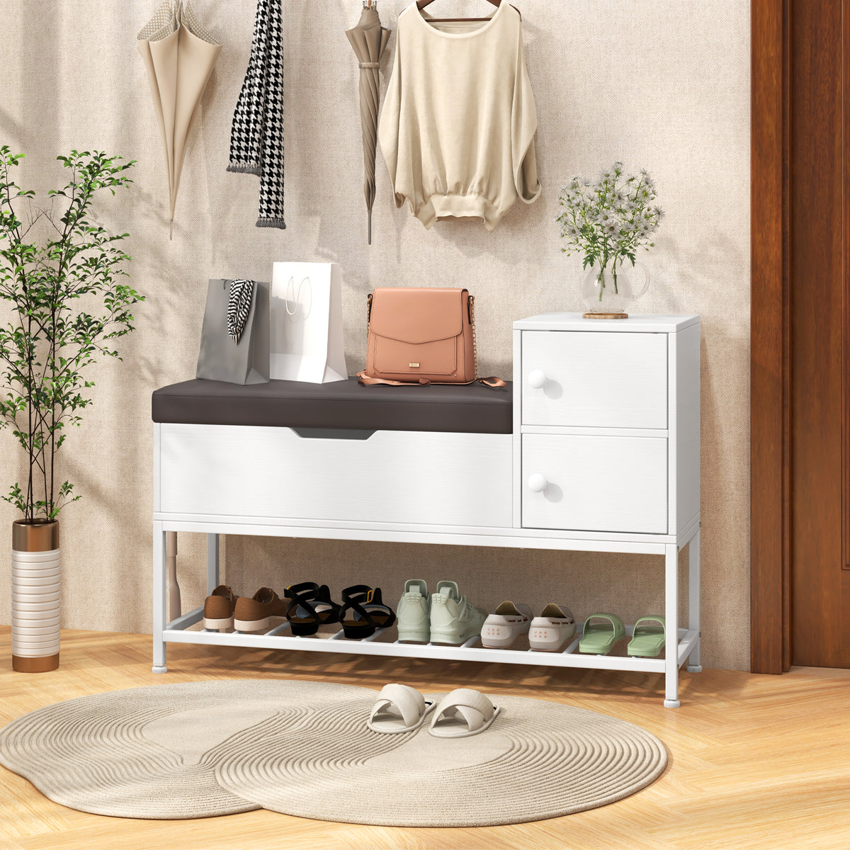 Shoe Entryway Bench with Flip Top Box and 2 Door Cabinets-White