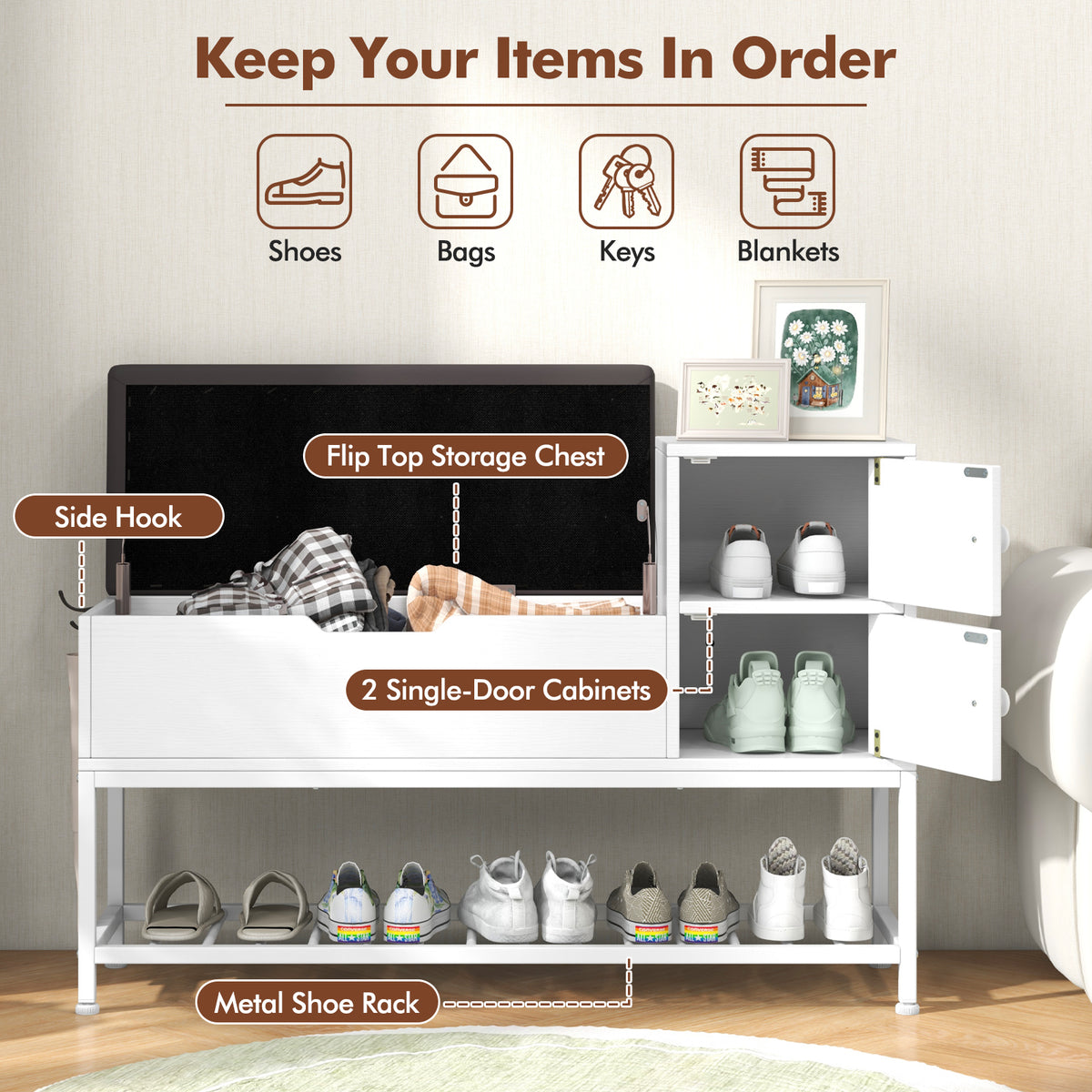 Shoe Entryway Bench with Flip Top Box and 2 Door Cabinets-White