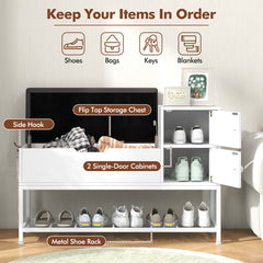 Shoe Entryway Bench with Flip Top Box and 2 Door Cabinets-White