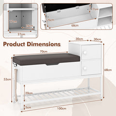 Shoe Entryway Bench with Flip Top Box and 2 Door Cabinets-White