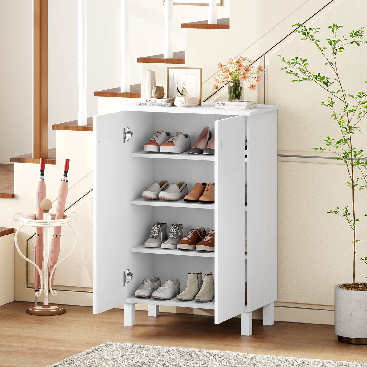 Shoe Storage Cabinet with Removable Shelves and 2 Doors for Entryway-White