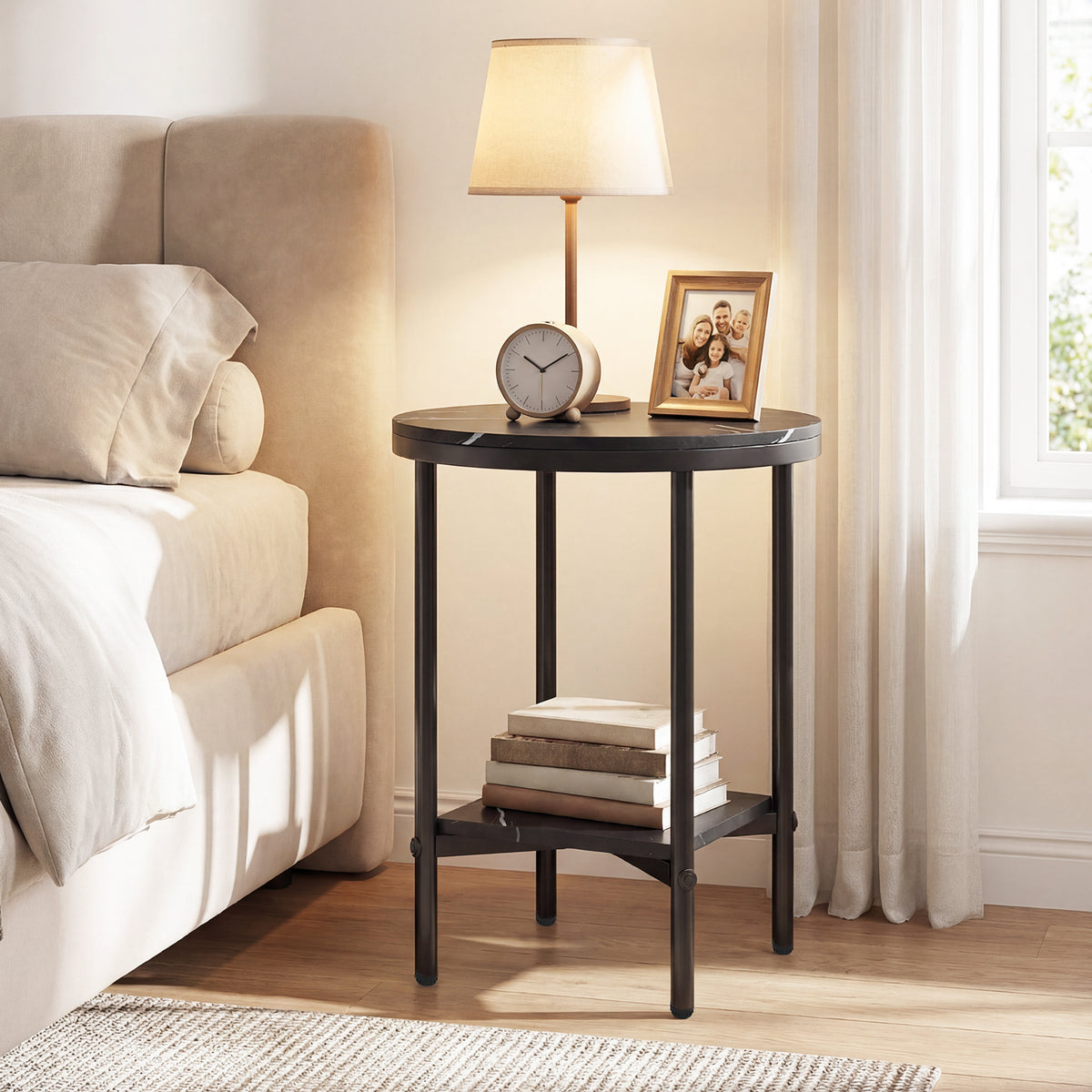 Side Table Modern Round End Table with Faux Marble Top and Bottom Storage Shelf-Black