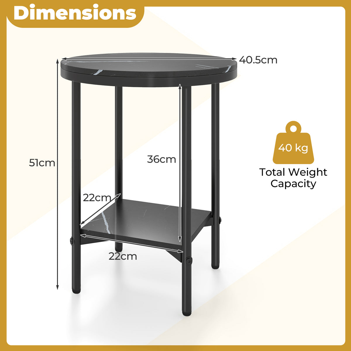 Side Table Modern Round End Table with Faux Marble Top and Bottom Storage Shelf-Black