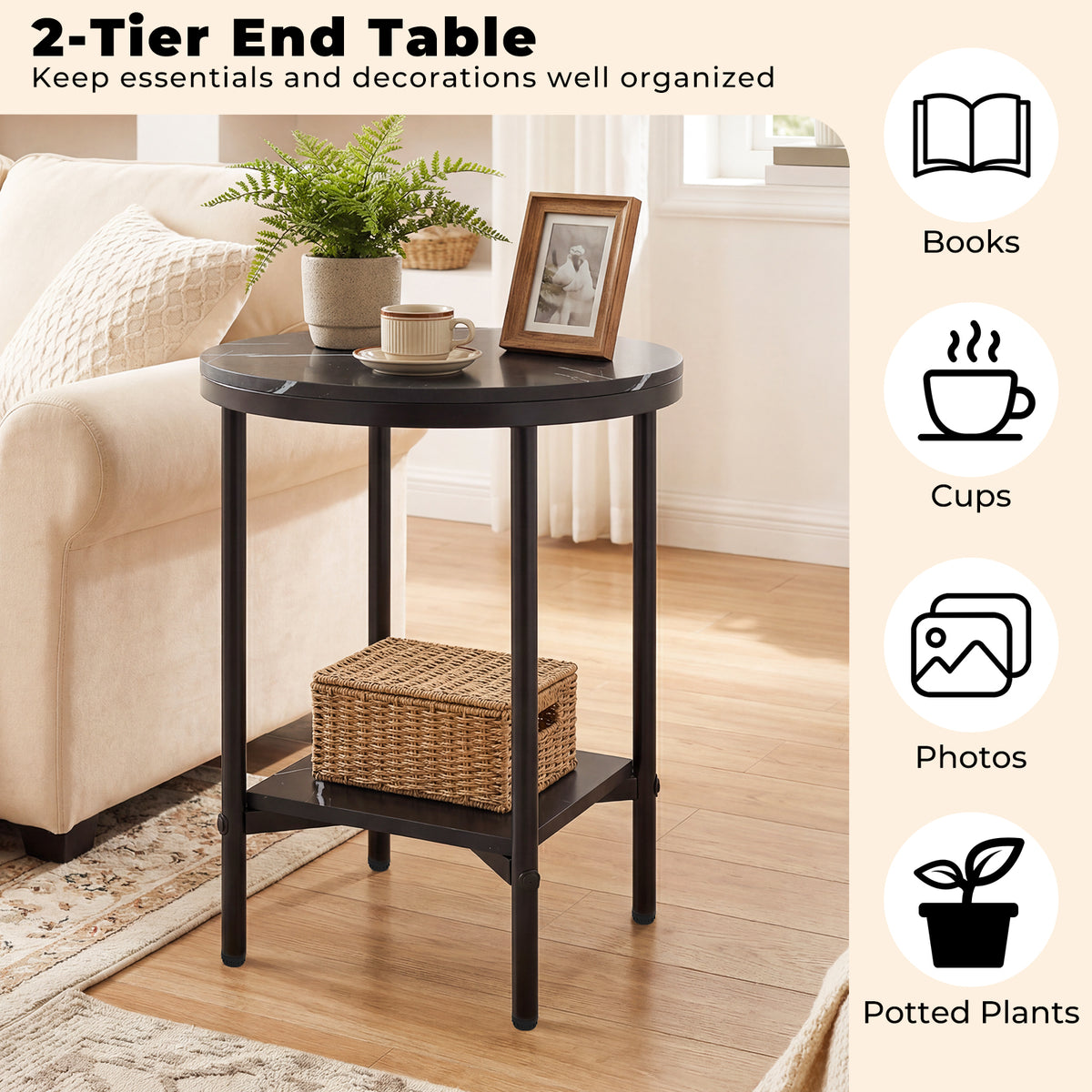 Side Table Modern Round End Table with Faux Marble Top and Bottom Storage Shelf-Black