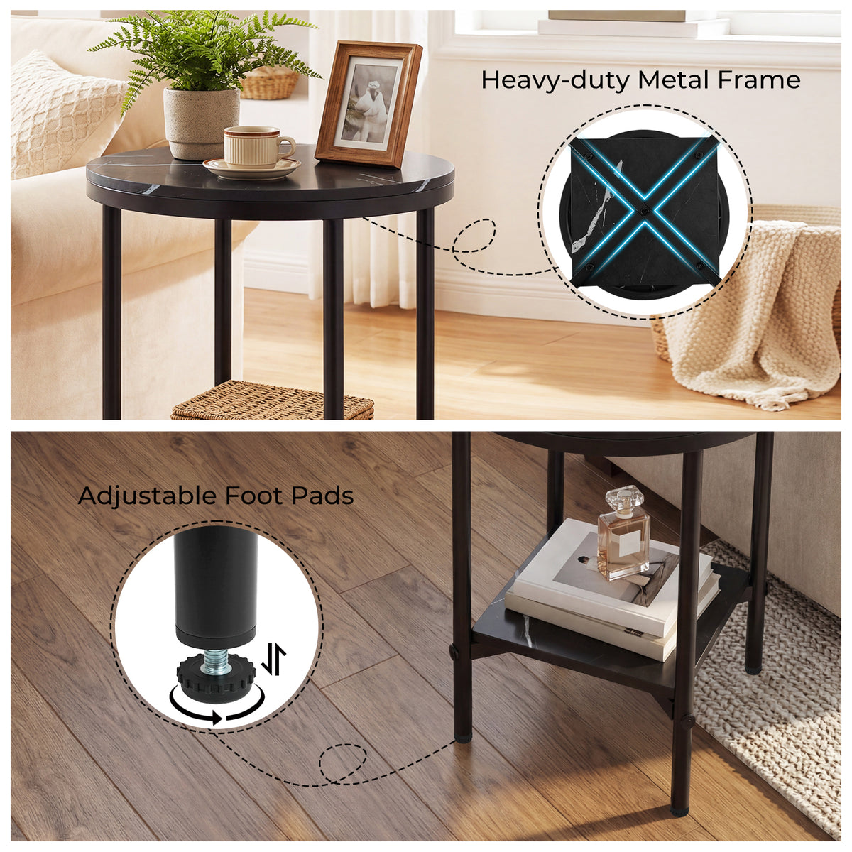 Side Table Modern Round End Table with Faux Marble Top and Bottom Storage Shelf-Black