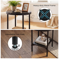 Side Table Modern Round End Table with Faux Marble Top and Bottom Storage Shelf-Black