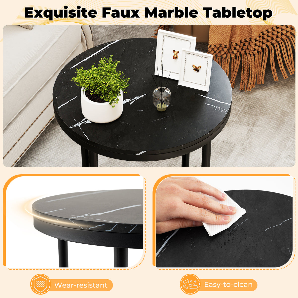 Side Table Modern Round End Table with Faux Marble Top and Bottom Storage Shelf-Black