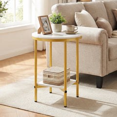 Side Table Modern Round End Table with Faux Marble Top and Bottom Storage Shelf-White