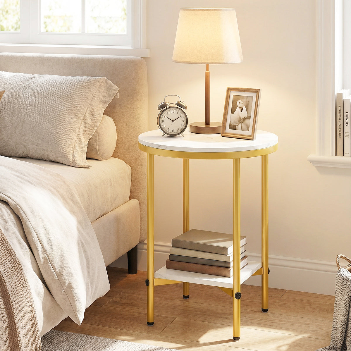 Side Table Modern Round End Table with Faux Marble Top and Bottom Storage Shelf-White
