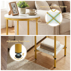 Side Table Modern Round End Table with Faux Marble Top and Bottom Storage Shelf-White