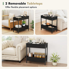 Side Table with 2 Storage Shelves and 2 Removable Tabletops for Living Room-Black
