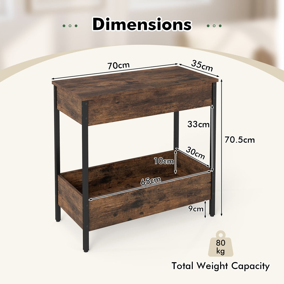 Side Table with 2 Storage Shelves and 2 Removable Tabletops for Living Room-Rustic Brown