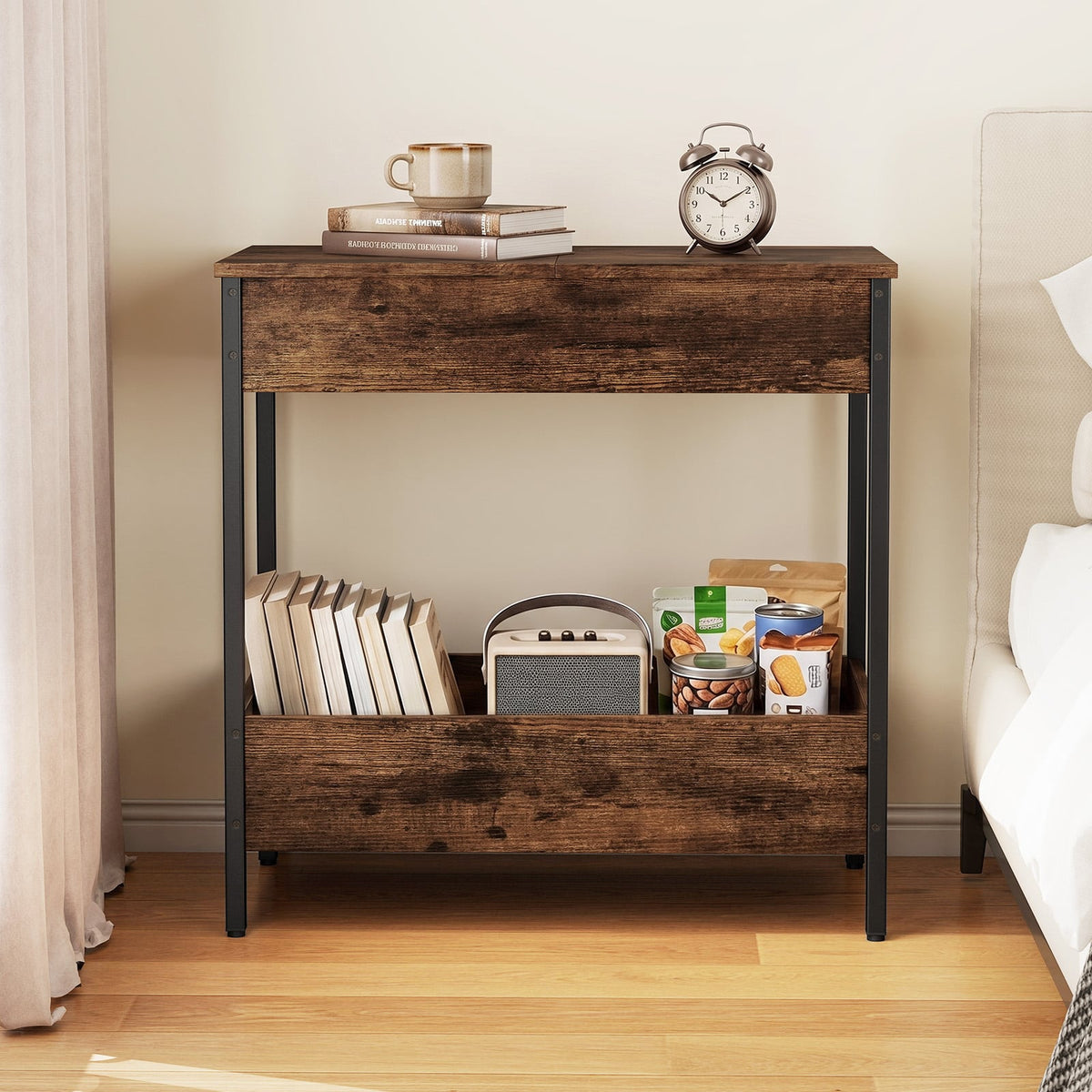 Side Table with 2 Storage Shelves and 2 Removable Tabletops for Living Room-Rustic Brown