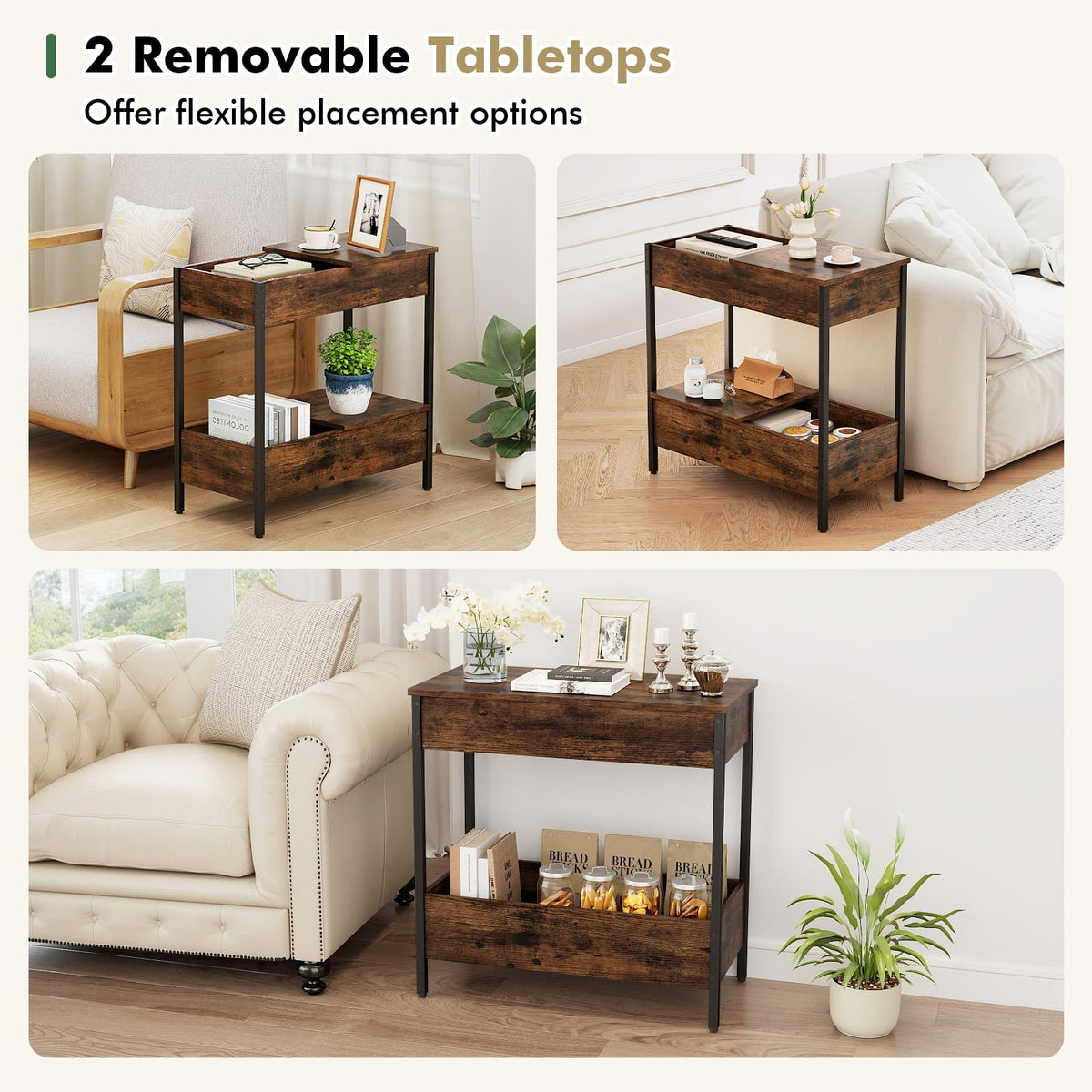 Side Table with 2 Storage Shelves and 2 Removable Tabletops for Living Room-Rustic Brown