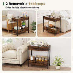 Side Table with 2 Storage Shelves and 2 Removable Tabletops for Living Room-Rustic Brown
