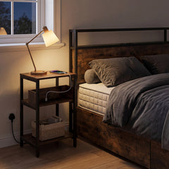 Side Table with Charging Station 3-Tier End Table with Open Storage Shelves-Rustic Brown