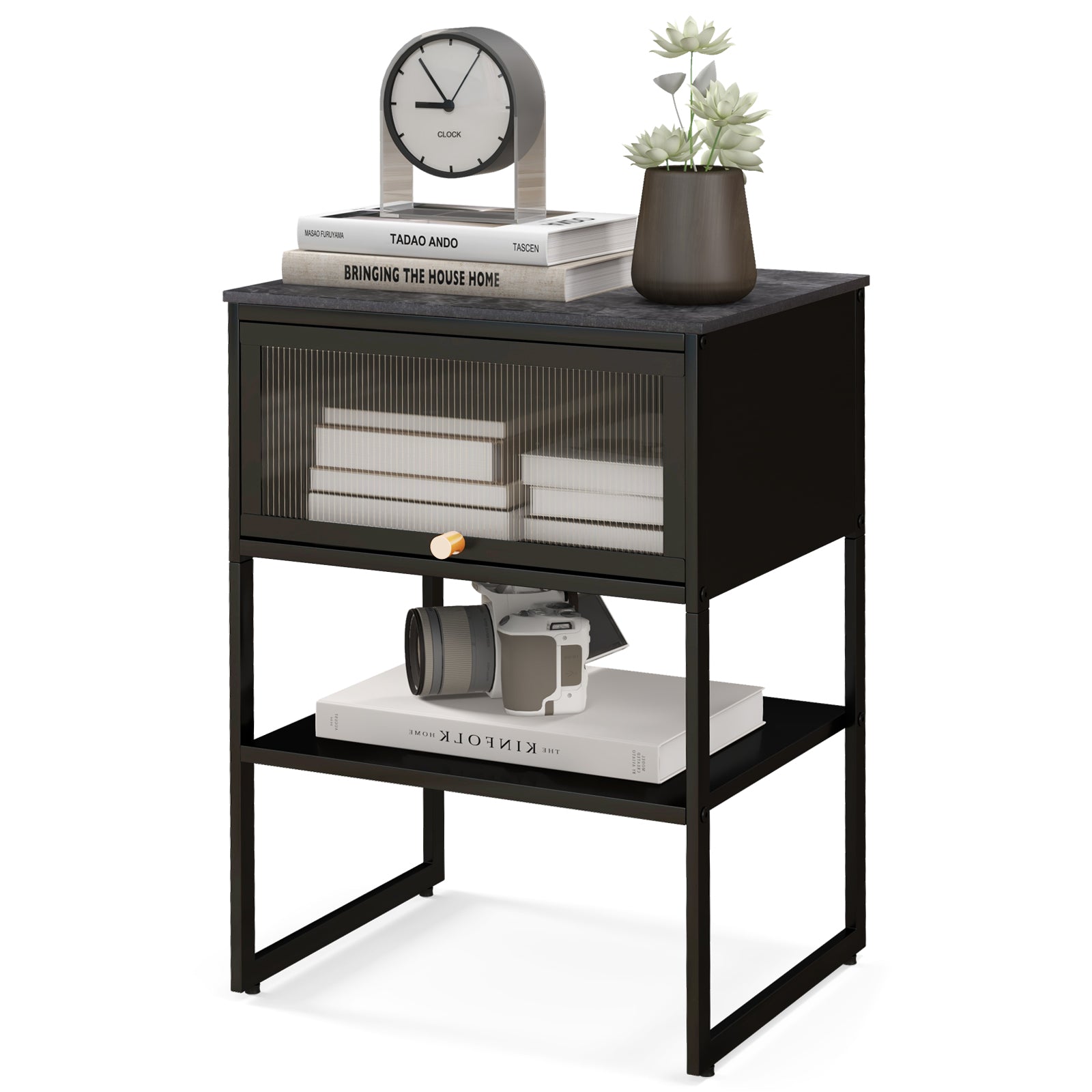 3-Tier Side Table with Storage Shelf for Living Room and Bedroom-Black