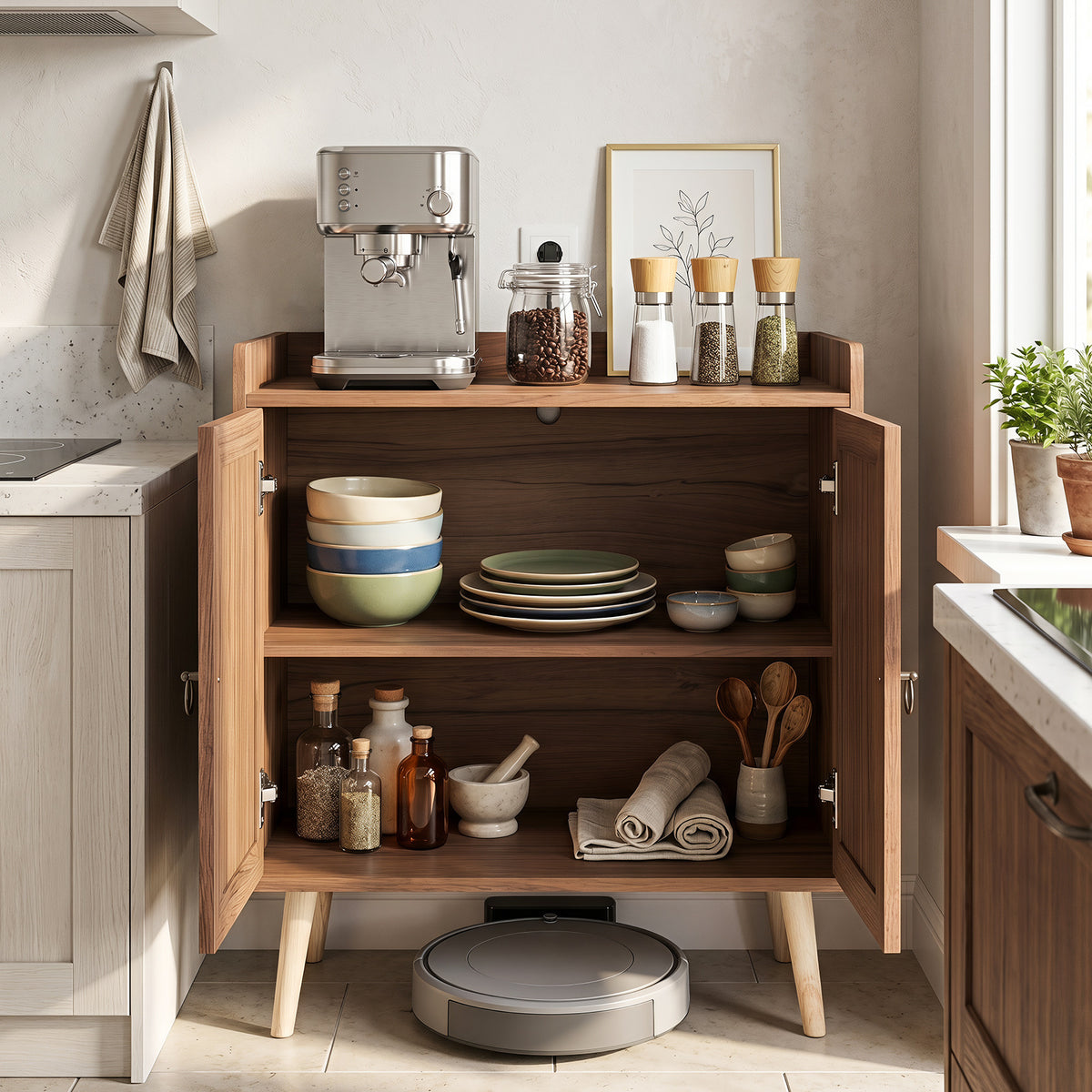 Sideboard Buffet Cabinet with 2 Doors Adjustable Shelf and Pine Wood Legs-Brown