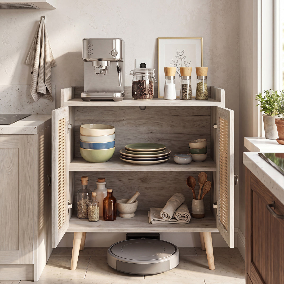 Sideboard Buffet Cabinet with 2 Doors Adjustable Shelf and Pine Wood Legs-Natrual