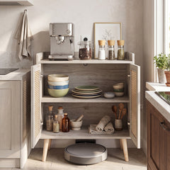 Sideboard Buffet Cabinet with 2 Doors Adjustable Shelf and Pine Wood Legs-Natrual
