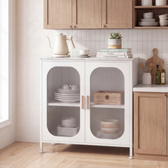 Sideboard Buffet Cabinet with Adjustable Shelf & 2 Translucent Doors for Dining Room-White