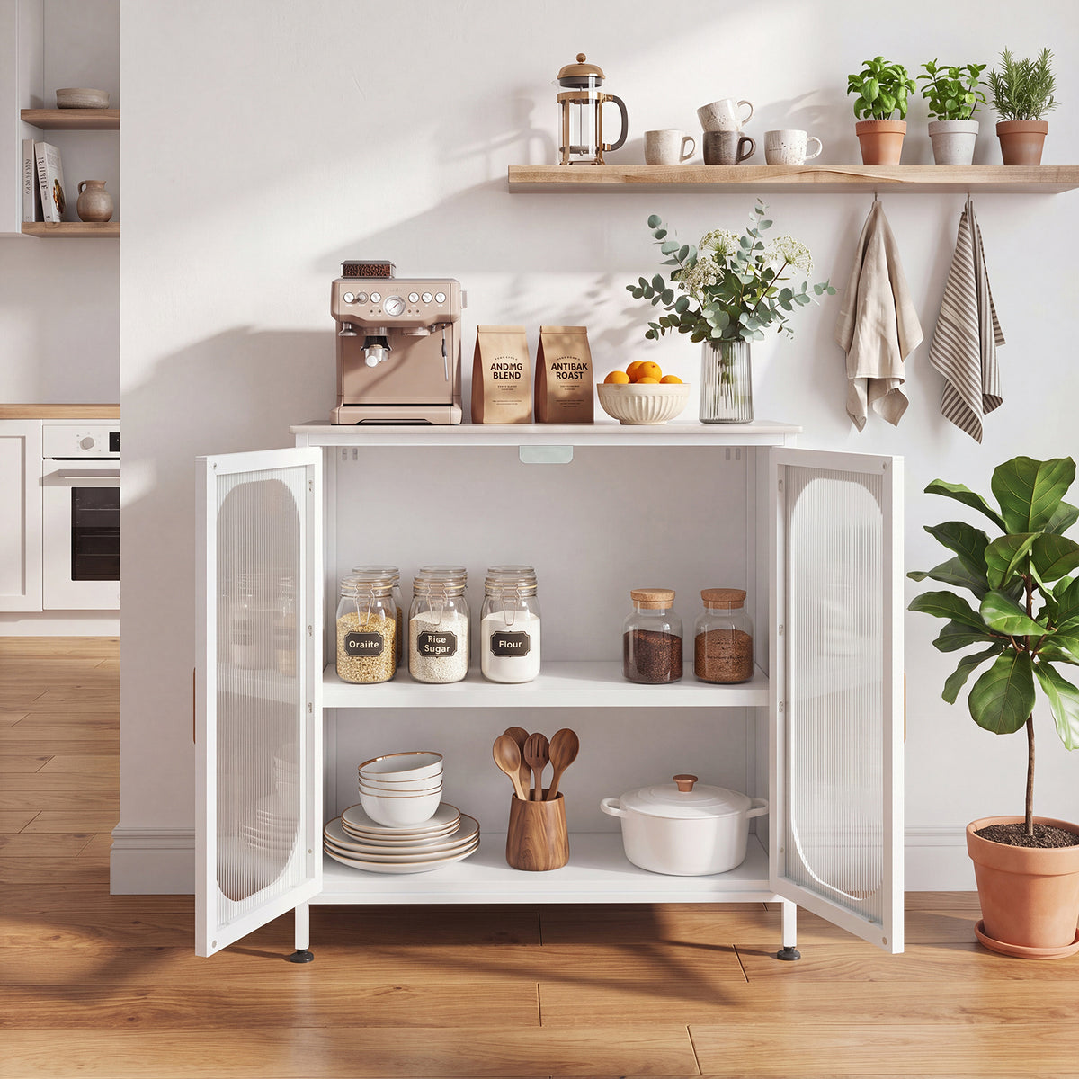 Sideboard Buffet Cabinet with Adjustable Shelf & 2 Translucent Doors for Dining Room-White