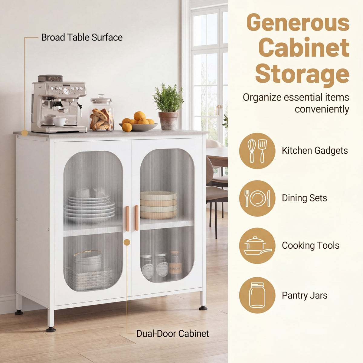 Sideboard Buffet Cabinet with Adjustable Shelf & 2 Translucent Doors for Dining Room-White