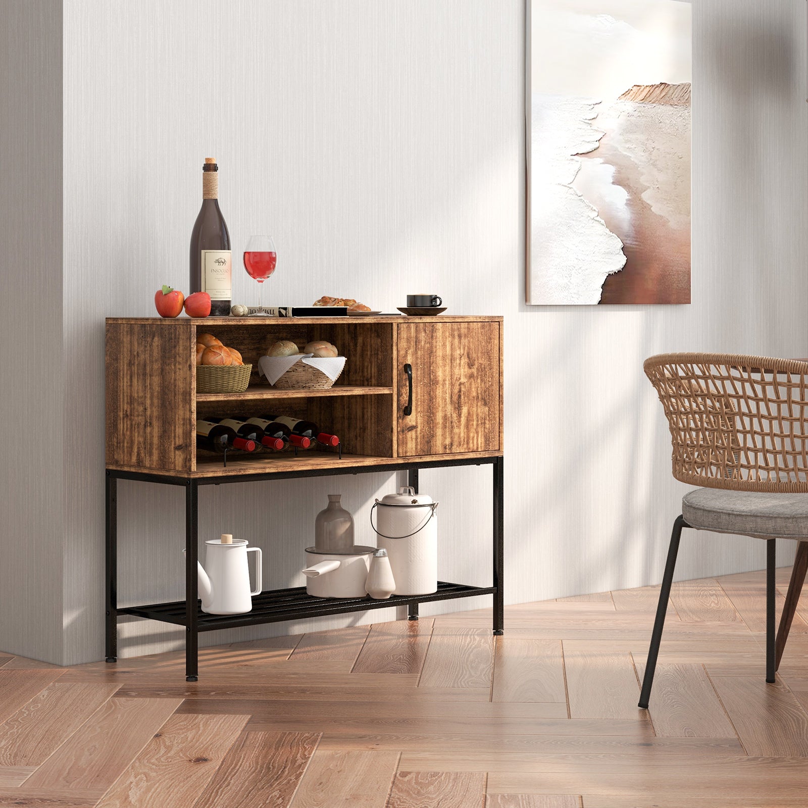 Sideboard Buffet Cabinet with Wine Racks and Storage Shelves-Rustic Brown