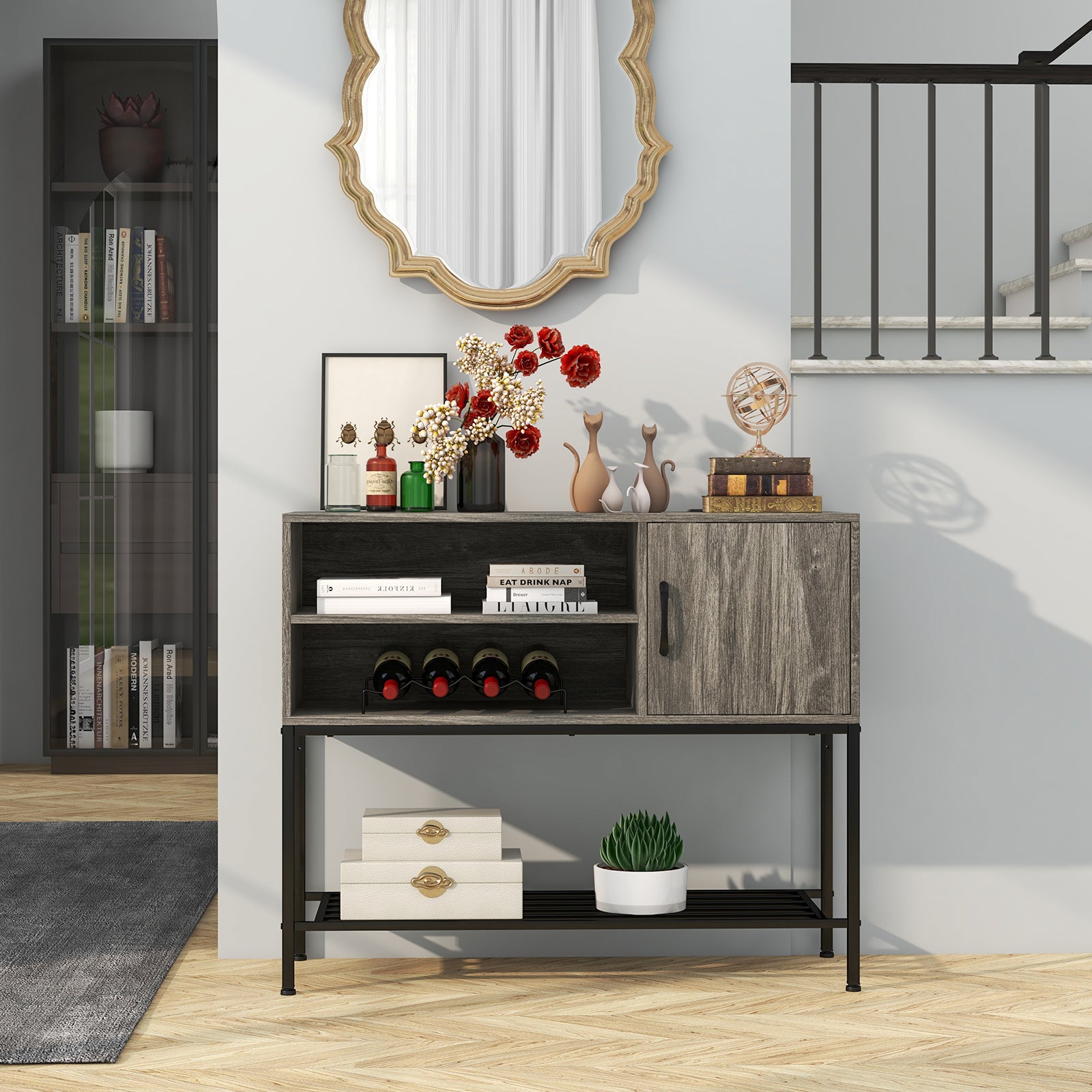 Sideboard Buffet Cabinet with Wine Racks and Storage Shelves-Grey