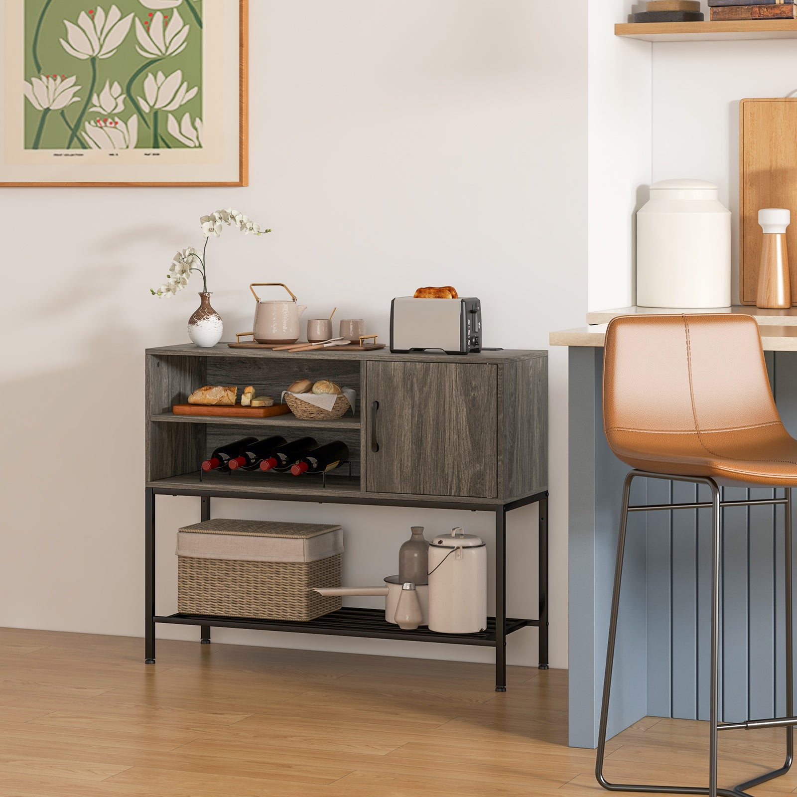 Sideboard Buffet Cabinet with Wine Racks and Storage Shelves-Grey