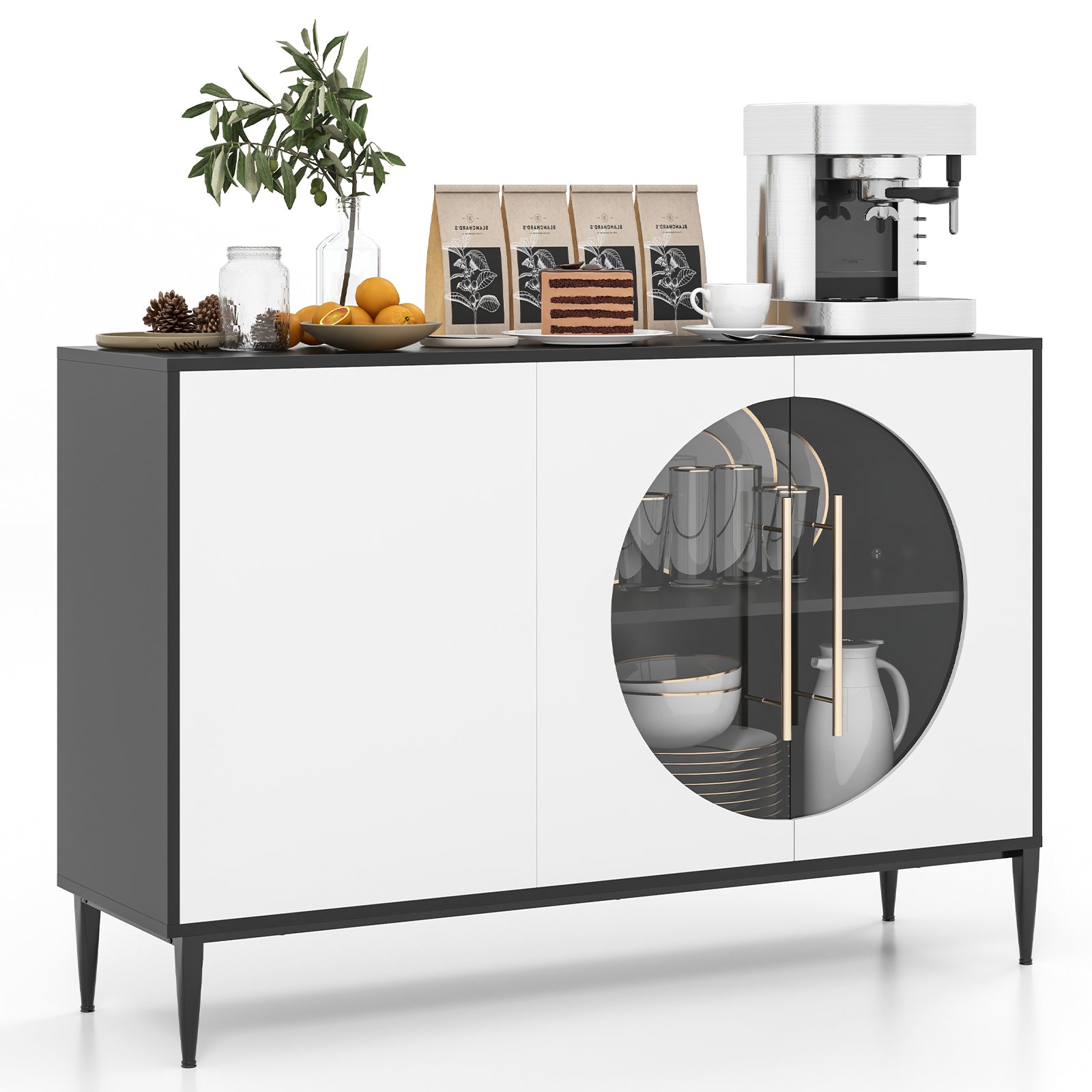 Sideboard Cabinet with Tempered Glass Door-Black &amp; White