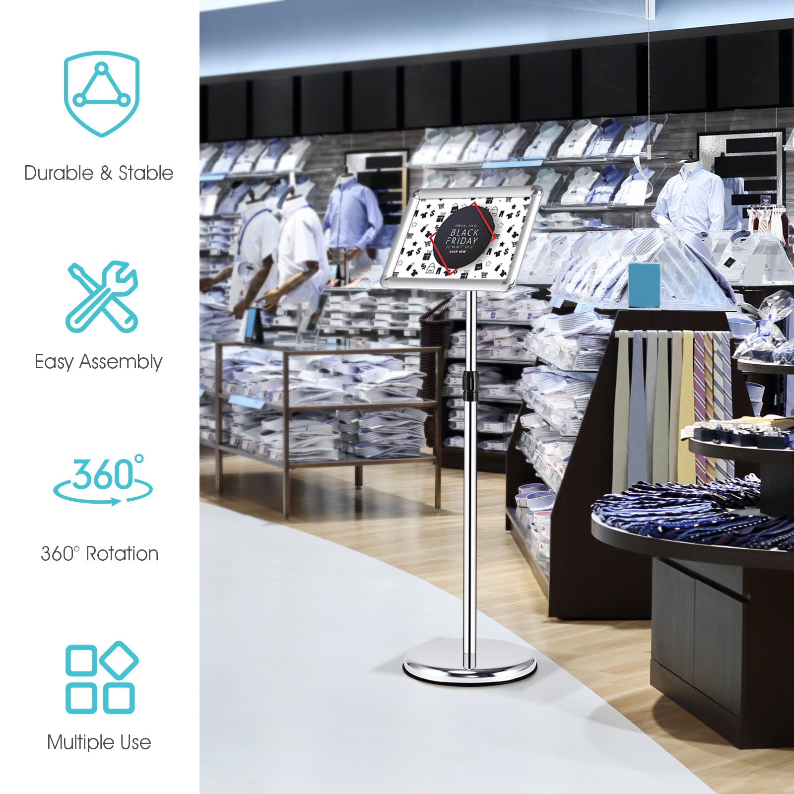 360 Degrees Rotatable A4 Poster Stand with Adjustable Height-Silver