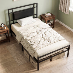 Single Bed Frame with Upholstered Headboard and Metal Slat Support-Black Single Size