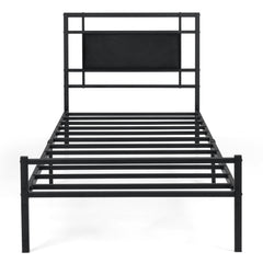 Single Bed Frame with Upholstered Headboard and Metal Slat Support-Black Single Size
