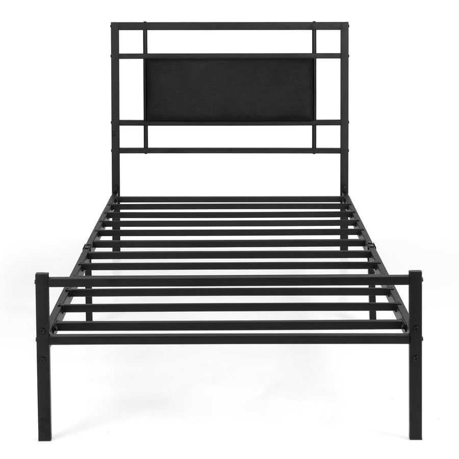 Single Bed Frame with Upholstered Headboard and Metal Slat Support-Black Single Size