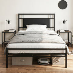Single Bed Frame with Upholstered Headboard and Metal Slat Support-Black Single Size