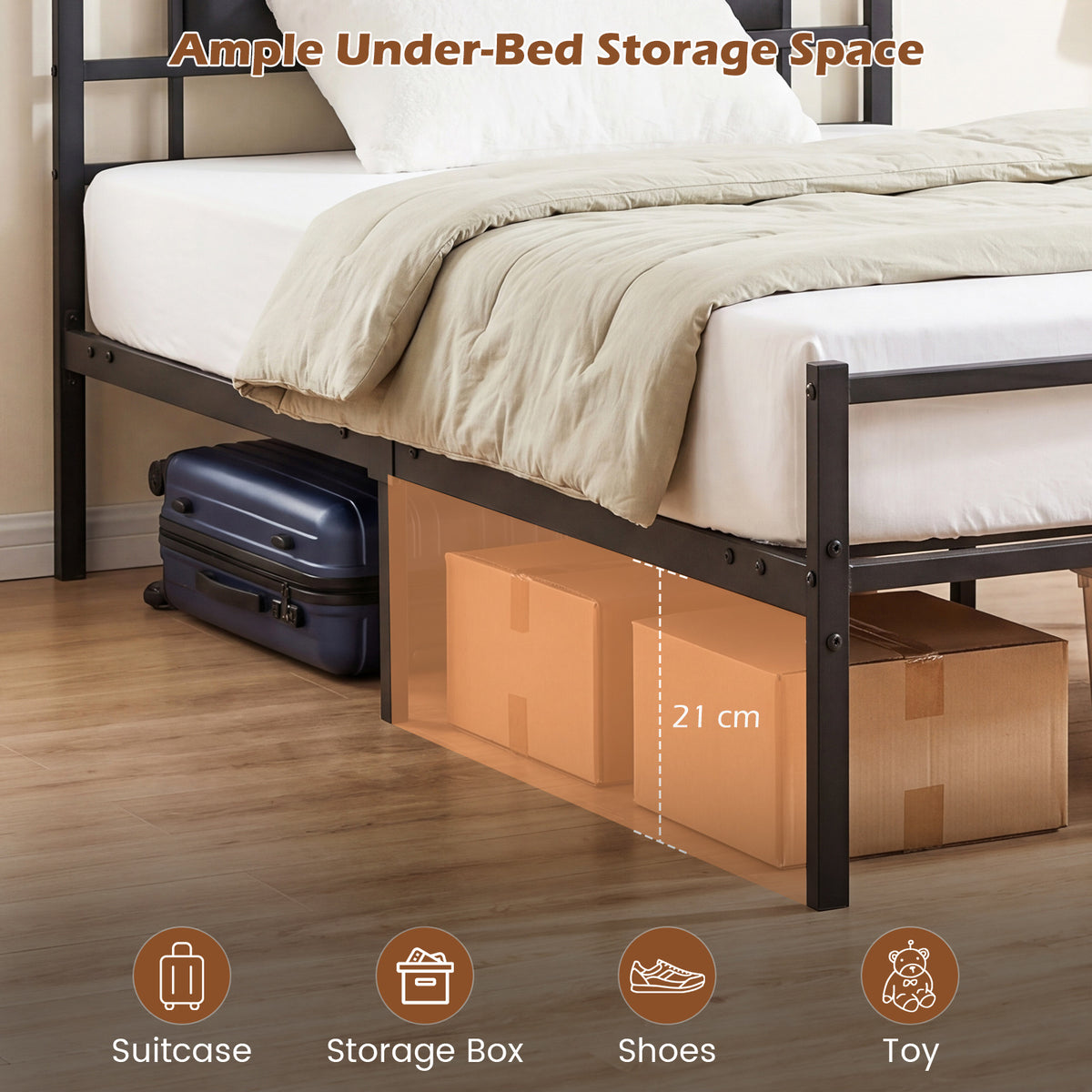 Single Bed Frame with Upholstered Headboard and Metal Slat Support-Black Single Size