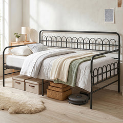 Single Daybed with Trundle and Curved Backrest and Armrests No Box Spring Needed-Black