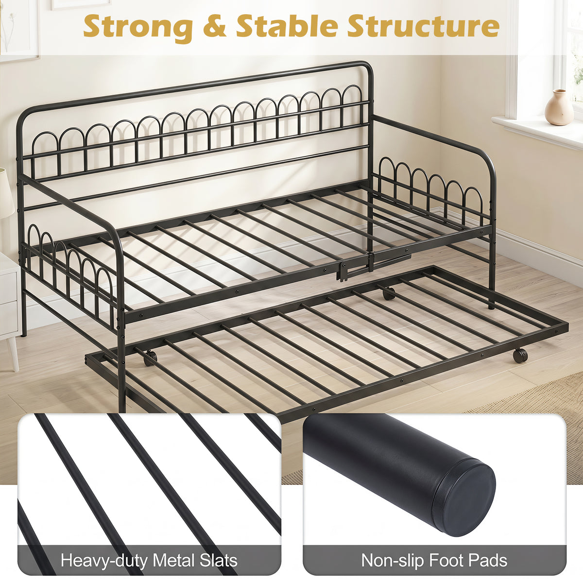 Single Daybed with Trundle and Curved Backrest and Armrests No Box Spring Needed-Black