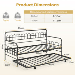 Single Daybed with Trundle and Curved Backrest and Armrests No Box Spring Needed-Black