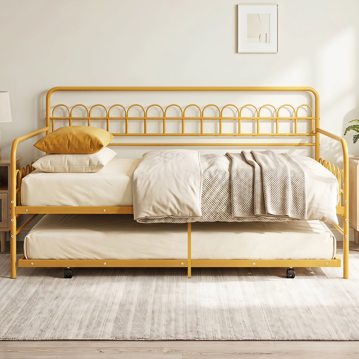 Single Daybed with Trundle and Curved Backrest and Armrests No Box Spring Needed-Gold