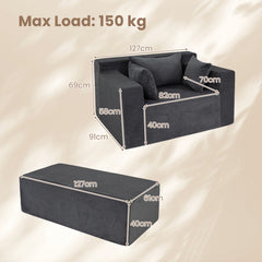 Single Foam Sofa with Ottoman and Pillows Bean Bag Chair No Assembly-Grey