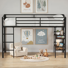 Single Metal Loft Bed with Storage Shelves and Guardrails and Ladder-Rustic Brown