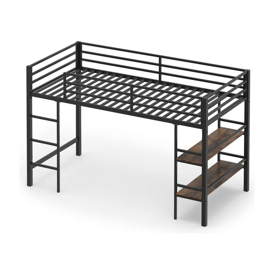 Single Metal Loft Bed with Storage Shelves and Guardrails and Ladder-Rustic Brown